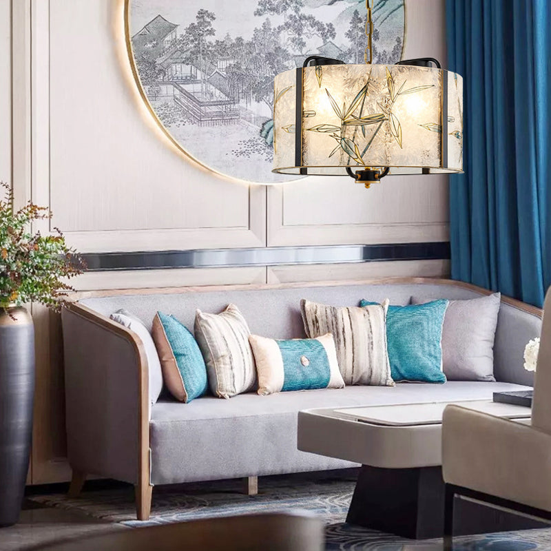 Classic Drum Suspension Pendant 4 Lights White Glass Pendulum Light for Living Room