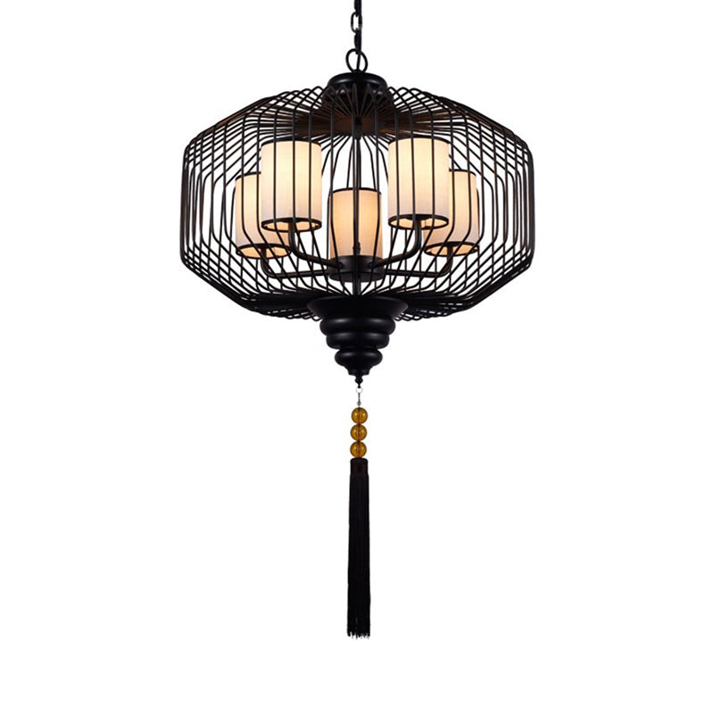 Luz de 5 luces Candelier colgante Luz de colgante negro clásico con sombra de tela de cilindro