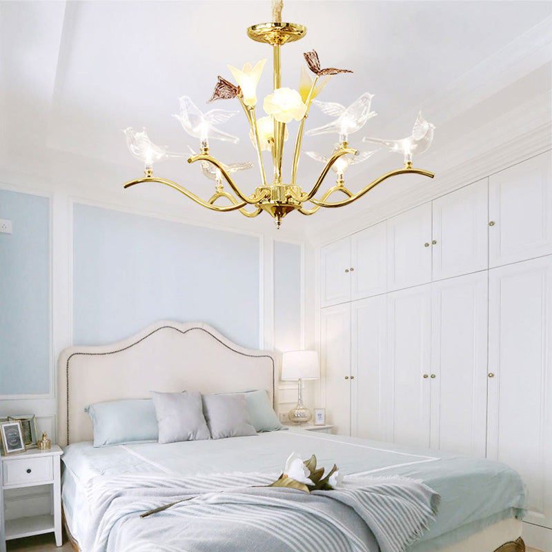 Clear Crystal Flower Hanging Light Kit Postmodern 6 Heads Living Room Ceiling Chandelier in Gold