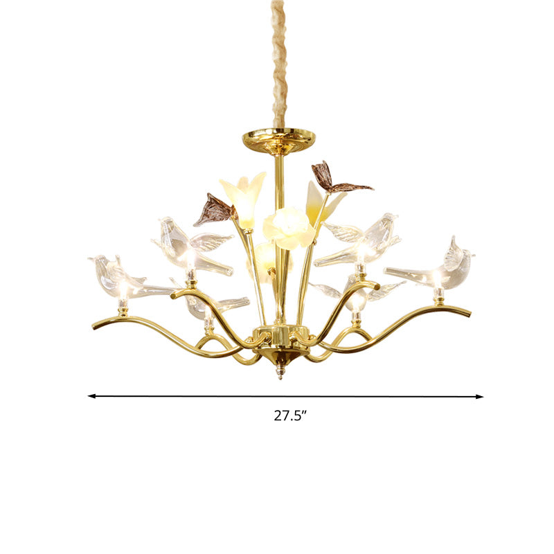 Clear Crystal Flower Hanging Light Kit Postmodern 6 Heads Living Room Ceiling Chandelier in Gold