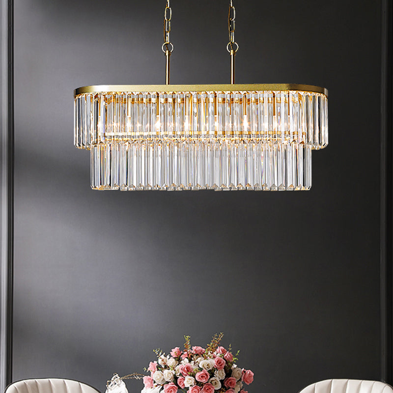 Postmodern Oval Island Ceiling Light 4 Heads Clear Three Sided Crystal Rod Suspension Lighting