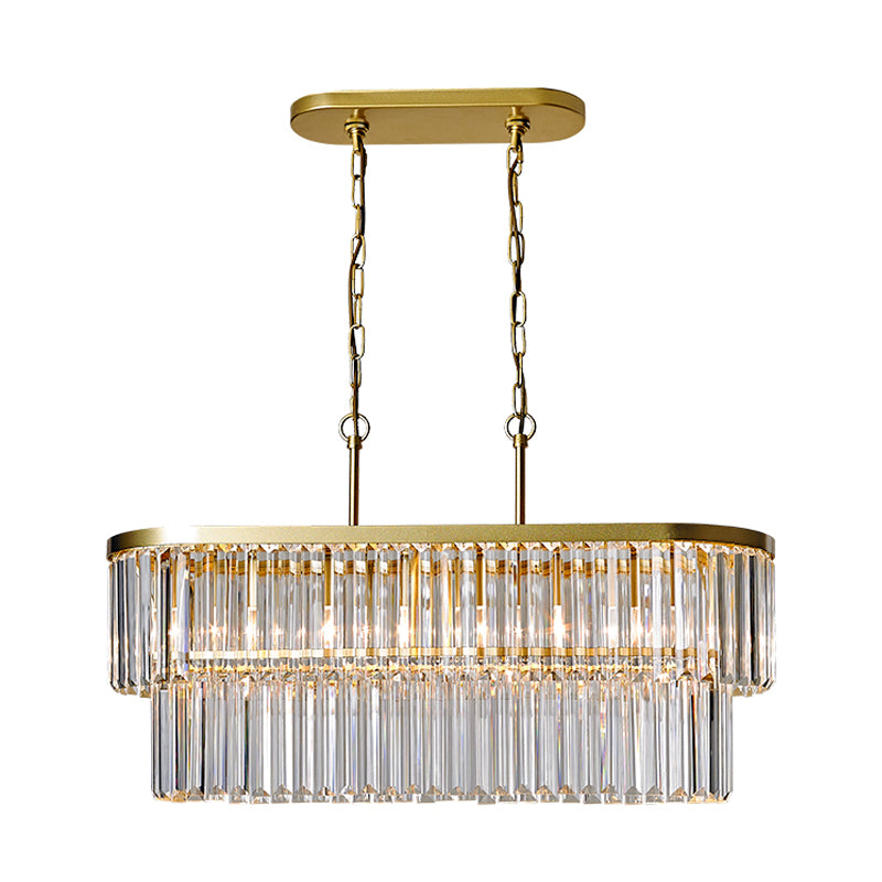 Postmodern Oval Island Ceiling Light 4 Heads Clear Three Sided Crystal Rod Suspension Lighting