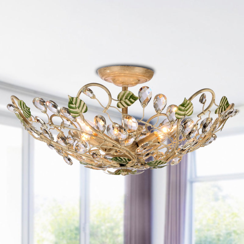 Dome Leaf Crystal Semi Flush Mount lampe 6 lumières Livrés plafond Light in Gold