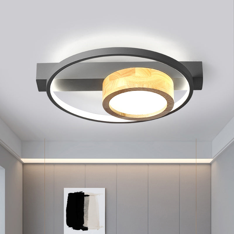 Wood Round Flush Mount Fixture Minimalist Gray/White LED Ceiling Light for Living Room