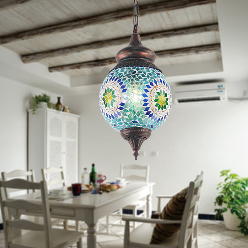 1 Light Spherical Pendant Light Fixture Moroccan Blue Metal Hanging Lamp Kit for Dining Room