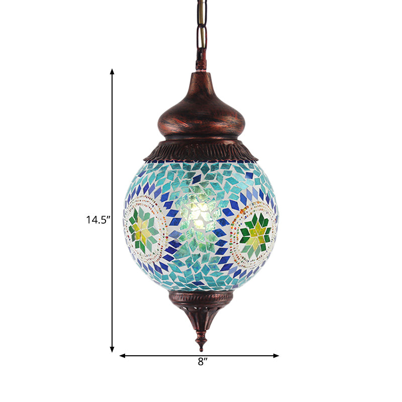 1 Light Spherical Pendant Light Fixture Moroccan Blue Metal Hanging Lamp Kit for Dining Room