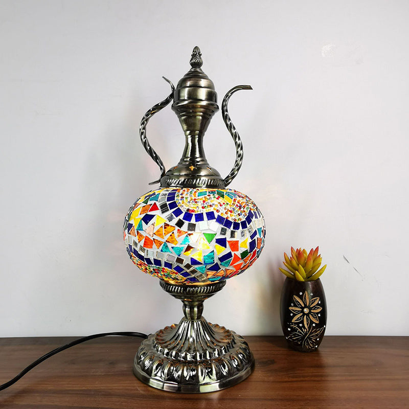 Moroccan Round Task Lighting 1 Light Stained Glass Desk Lamp in Bronze for Restaurant