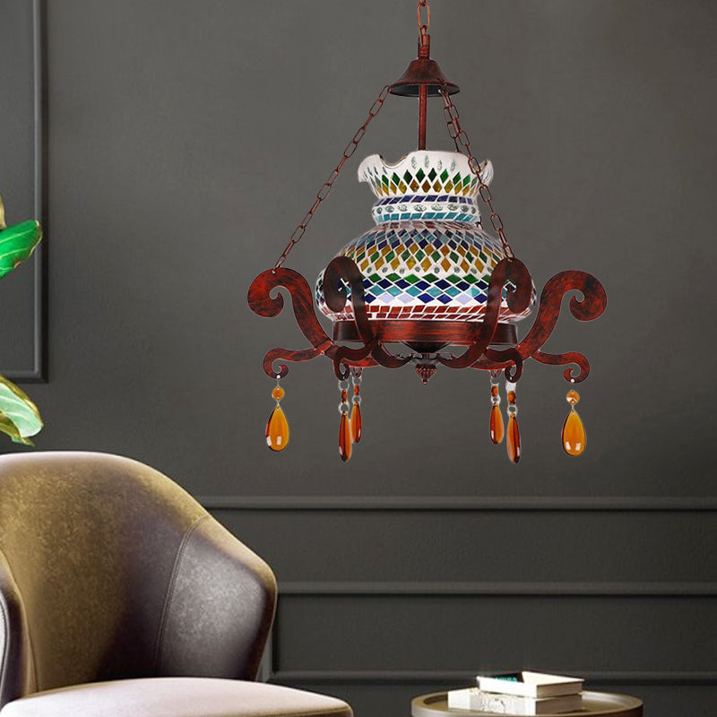 Stained Glass Weathered Copper Pendant Vase 1 Light Moroccan Style Hanging Light Kit