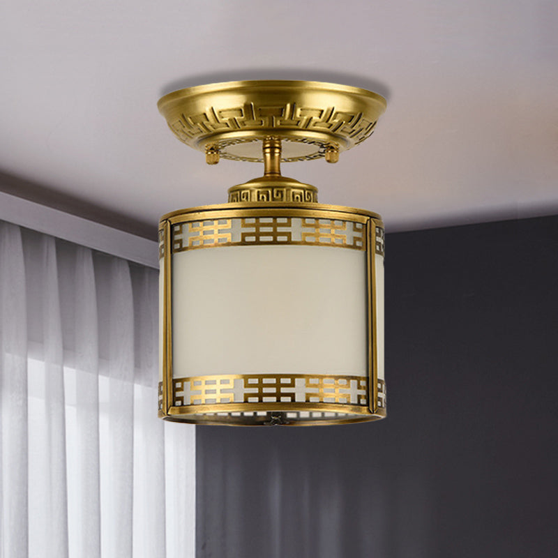 1 Light Semi Flush Mount Classic Cylinder Metal Ceiling Fixture in Brass for Corridor