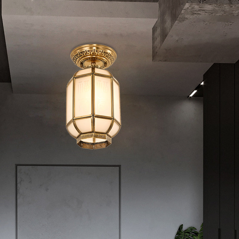 Lantern Frosted Glass Semi Flush Mount Lighting Classic 1 Lichtkorridor Deckenbefestigung in Messing