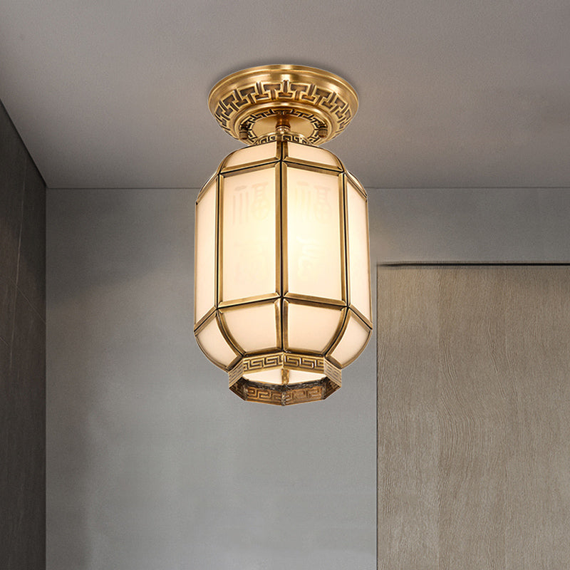 Lantern Frosted Glass Semi Flush Mount Lighting Classic 1 Lichtkorridor Deckenbefestigung in Messing