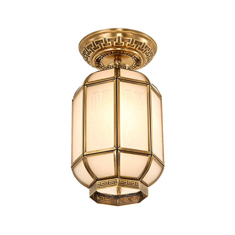 Lantern Frosted Glass Semi Flush Mount Lighting Classic 1 Lichtkorridor Deckenbefestigung in Messing