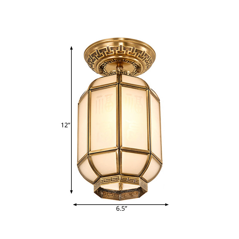 Lantern Frosted Glass Semi Flush Mount Lighting Classic 1 Lichtkorridor Deckenbefestigung in Messing