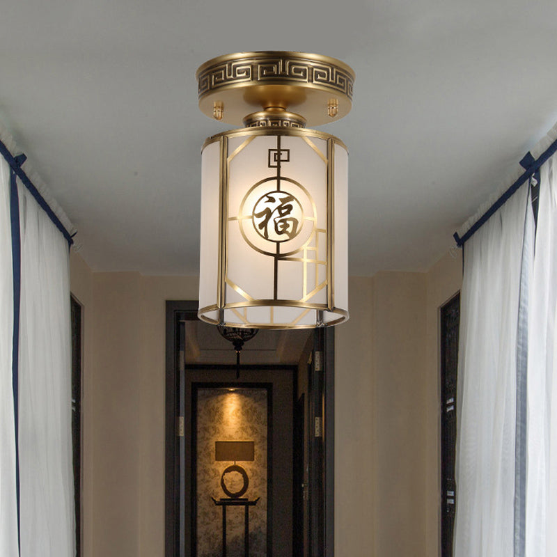 Brass 1 Light Semi Flush Traditional Style Frosted Glass Cylinder Ceiling Light Fixture with Metal Frame