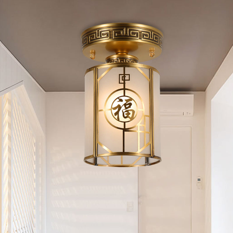 Brass 1 Light Semi Flush Traditional Style Frosted Glass Cylinder Ceiling Light Fixture with Metal Frame