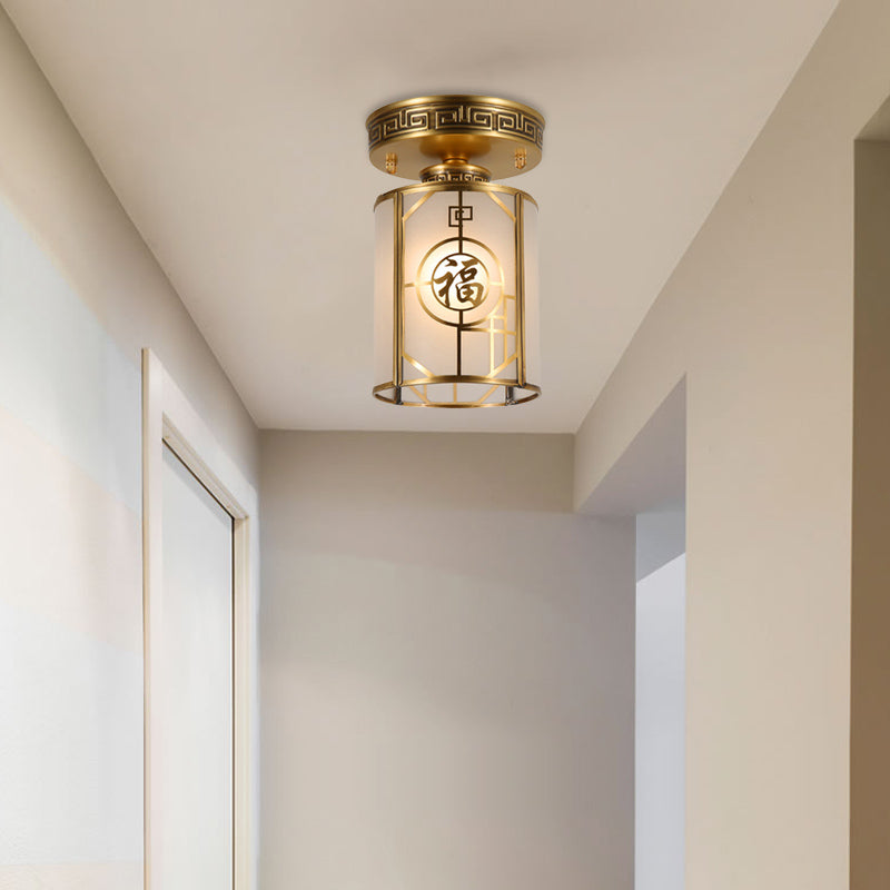 Brass 1 Light Semi Flush Traditional Style Frosted Glass Cylinder Ceiling Light Fixture with Metal Frame