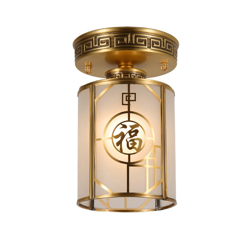 Brass 1 Light Semi Flush Traditional Style Frosted Glass Cylinder Ceiling Light Fixture with Metal Frame
