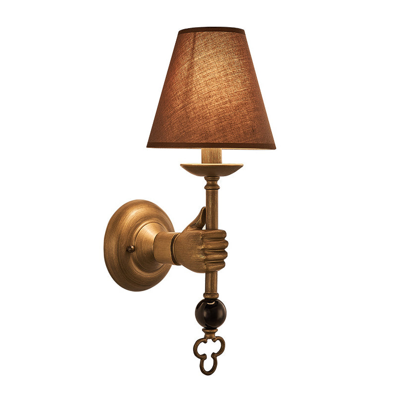 Cone Metal Wall Light Vintage 1 Bulb Bedroom Sconce Lighting Fixture in Brass with Fabric Shade