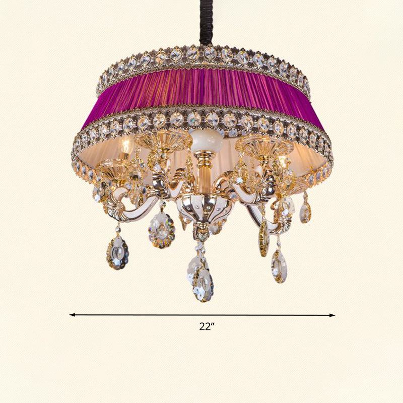 Lampe de plafond de gré de style en cristal contemporain 5 têtes de salon éclairage de lustre en bleu / violet avec de l'ombre en tissu