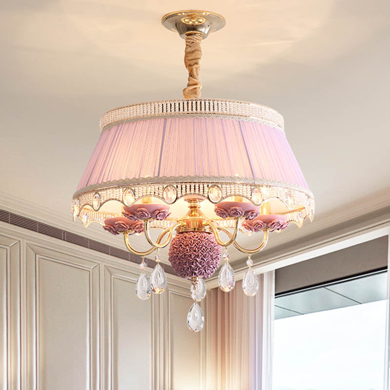 Fabric Scalloped Chandelier Lighting Modern 5 Heads Pink/Blue/Purple Hanging Ceiling Light with Crystal Drop