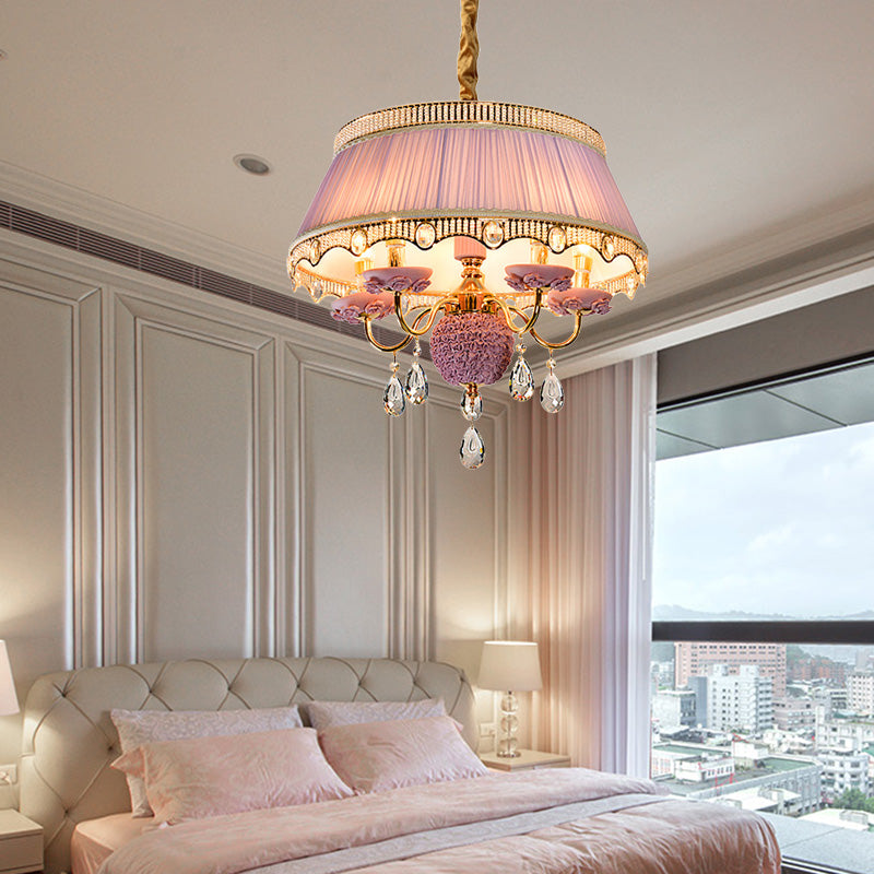 Fabric Scalloped Chandelier Lighting Modern 5 Heads Pink/Blue/Purple Hanging Ceiling Light with Crystal Drop