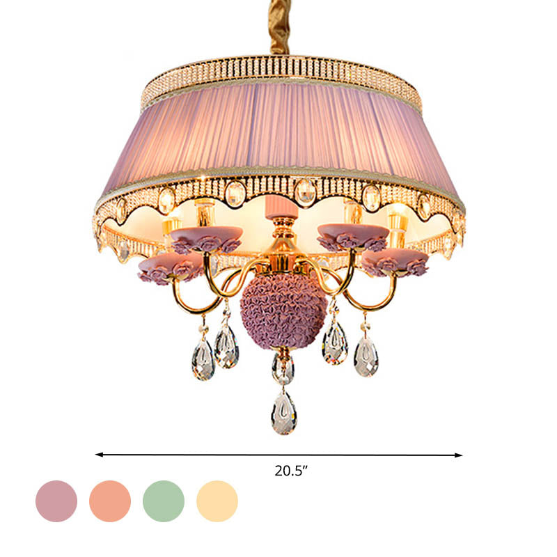 Fabric Scalloped Chandelier Lighting Modern 5 Heads Pink/Blue/Purple Hanging Ceiling Light with Crystal Drop