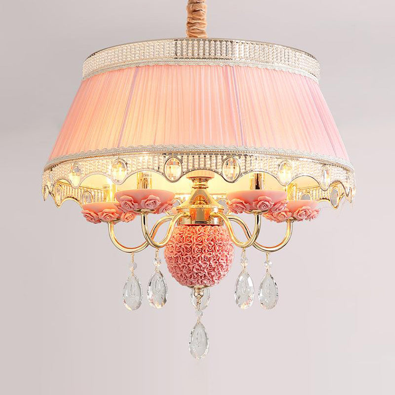 Fabric Scalloped Chandelier Lighting Modern 5 Heads Pink/Blue/Purple Hanging Ceiling Light with Crystal Drop