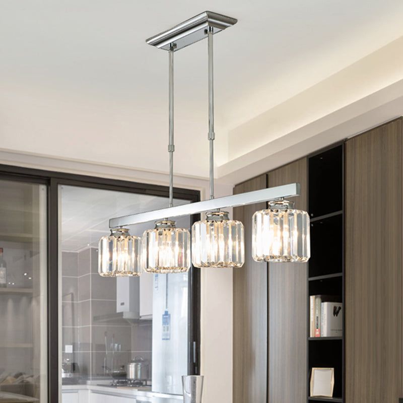 Linear Dining Room Hanging Light Fixture Simple Tri-Sided Crystal Rod 3/4 Heads Silver Island Lamp