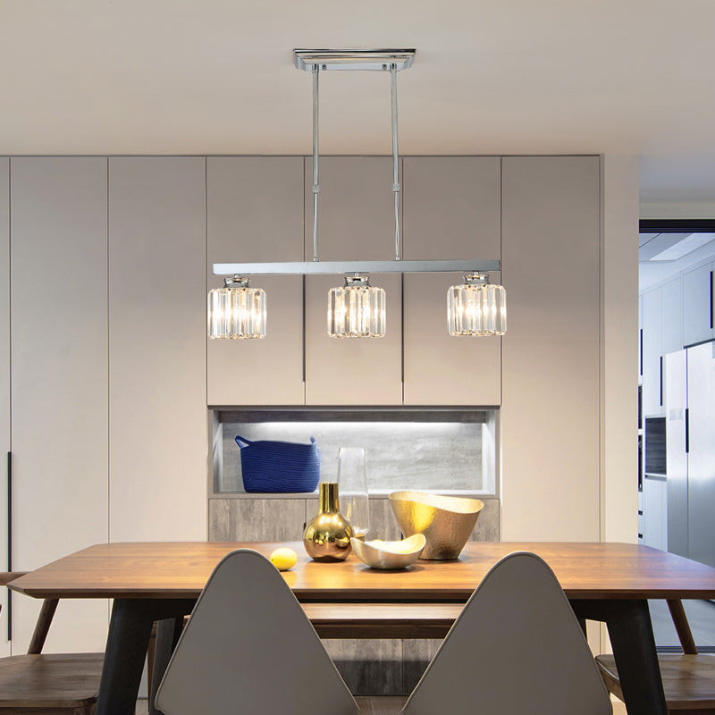 Linear Dining Room Hanging Light Fixture Simple Tri-Sided Crystal Rod 3/4 Heads Silver Island Lamp