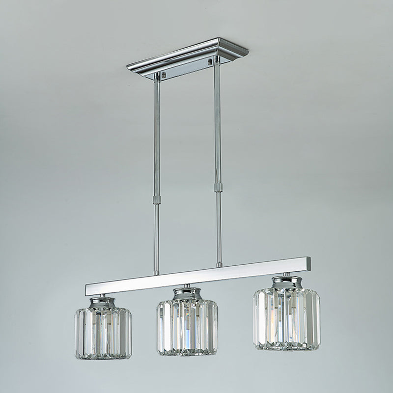 Linear Dining Room Hanging Light Fixture Simple Tri-Sided Crystal Rod 3/4 Heads Silver Island Lamp