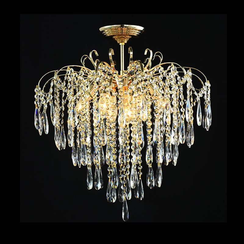 Cascade Clear Crystal Drop Plafond gemonteerd licht eenvoudig stijl goud 18 "/19,5" brede LED semi -flush light armatuur