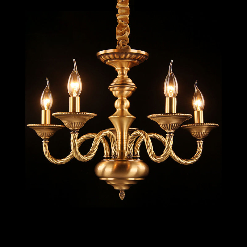 Colonial Candle Chandelier Pendant Lighting 3/5/6 Lights Metal Hanging Ceiling Lamp in Brass with Curved Hemp Rope Design Arm