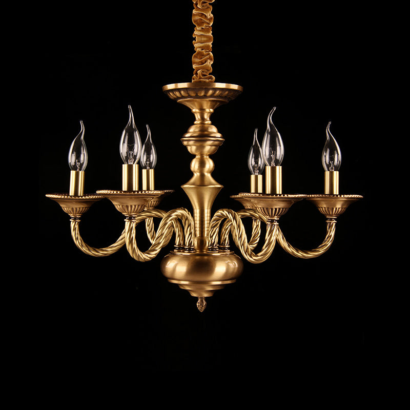 Colonial Candle Chandelier Pendant Lighting 3/5/6 Lights Metal Hanging Ceiling Lamp in Brass with Curved Hemp Rope Design Arm