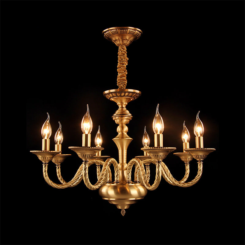 Colonial Candle Chandelier Pendant Lighting 3/5/6 Lights Metal Hanging Ceiling Lamp in Brass with Curved Hemp Rope Design Arm