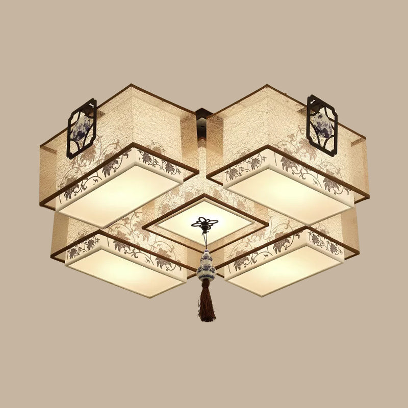 5 Lights Living Room Flush Mount Lighting Classic White Flush Ceiling Light Fixture with Rectangle Fabric Shade, 20.5"/28"/35.5" W