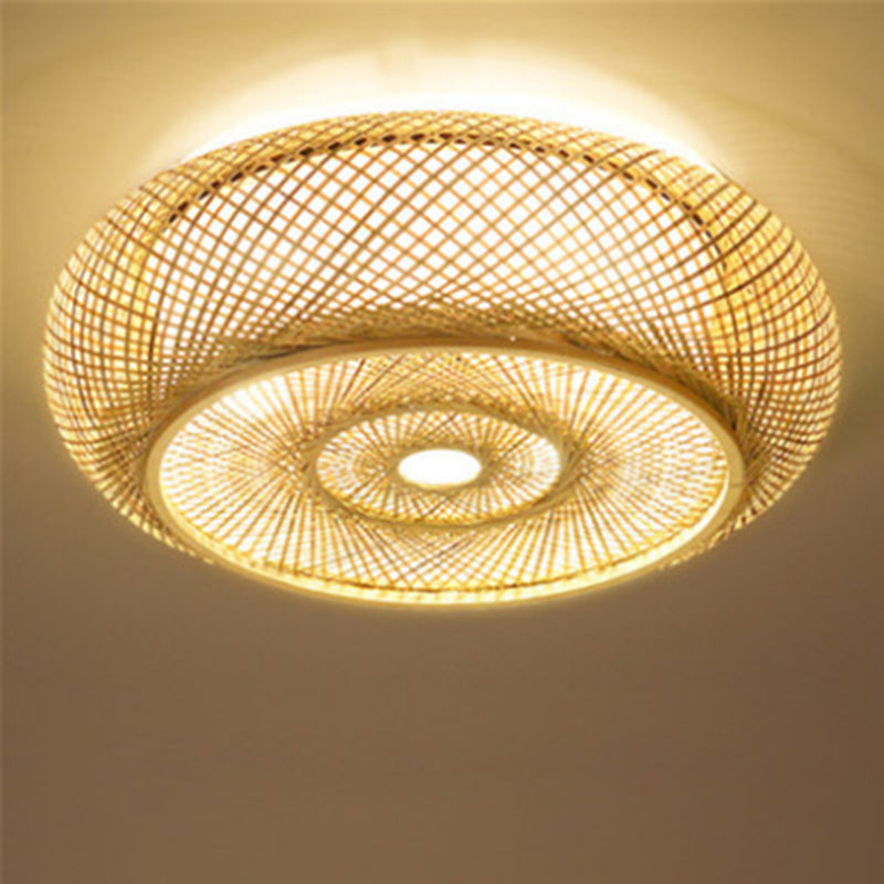 Asian Style Dining Room Rattan Ceiling Light Multi-bulbs Bamboo Hand-weaving Lighting Fixture in Beige