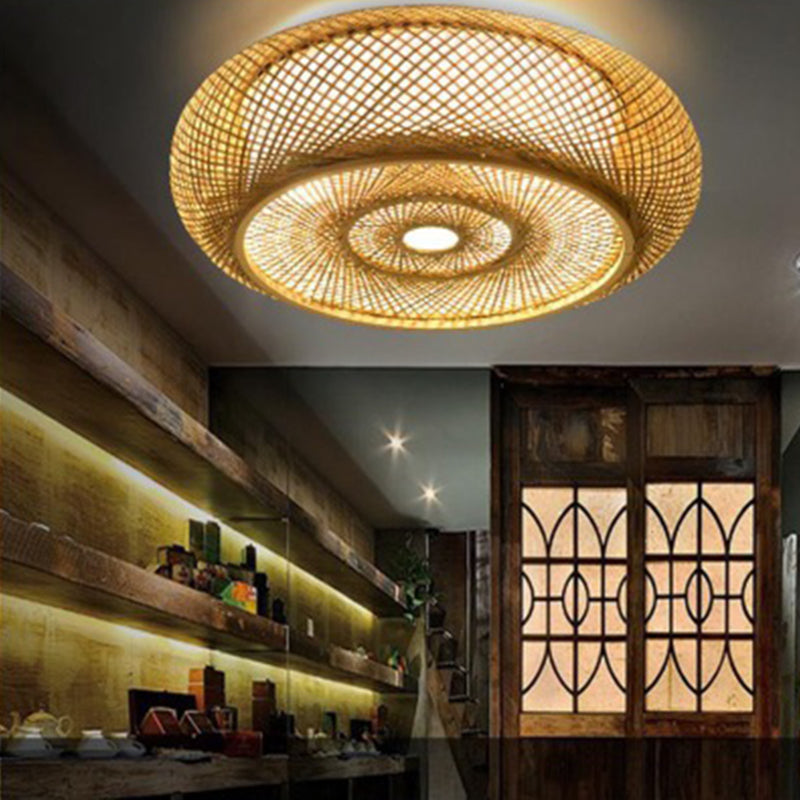 Asian Style Dining Room Rattan Ceiling Light Multi-bulbs Bamboo Hand-weaving Lighting Fixture in Beige