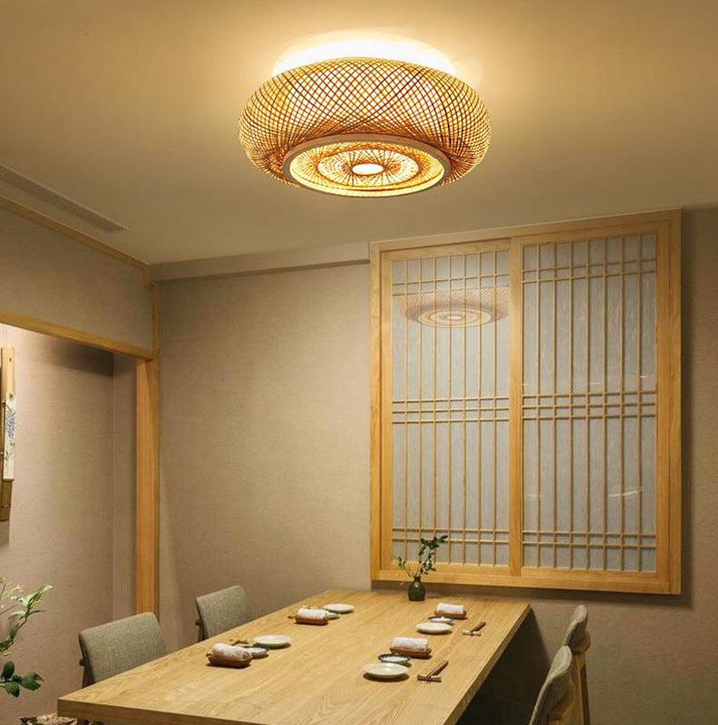 Asian Style Dining Room Rattan Ceiling Light Multi-bulbs Bamboo Hand-weaving Lighting Fixture in Beige