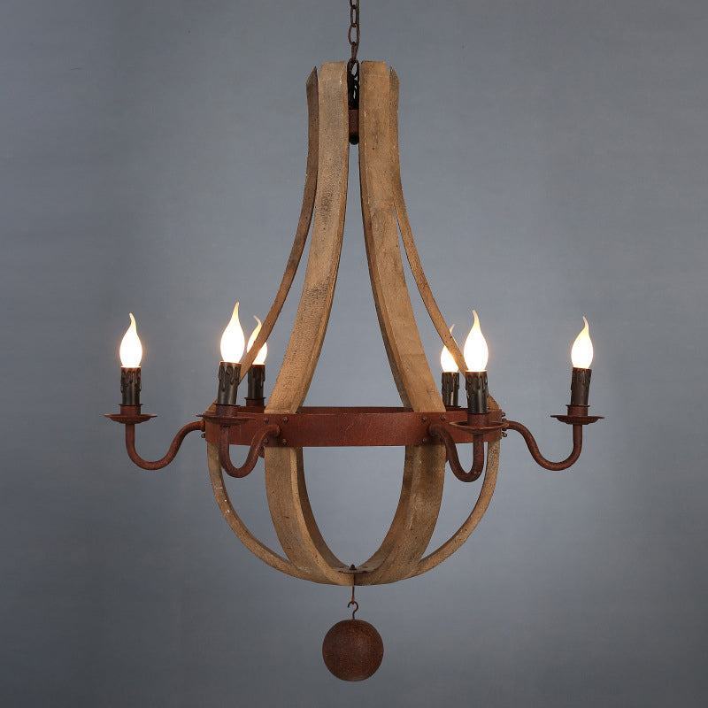Massivholz Traditioneller Kronleuchter Rost Candlestick Lampenhalter Vintage -Beleuchtung Anhänger mit dekorierter Eisenanhängerkugel