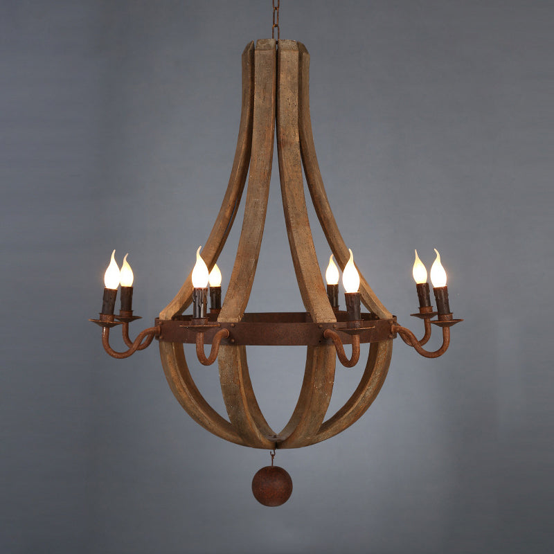 Massivholz Traditioneller Kronleuchter Rost Candlestick Lampenhalter Vintage -Beleuchtung Anhänger mit dekorierter Eisenanhängerkugel
