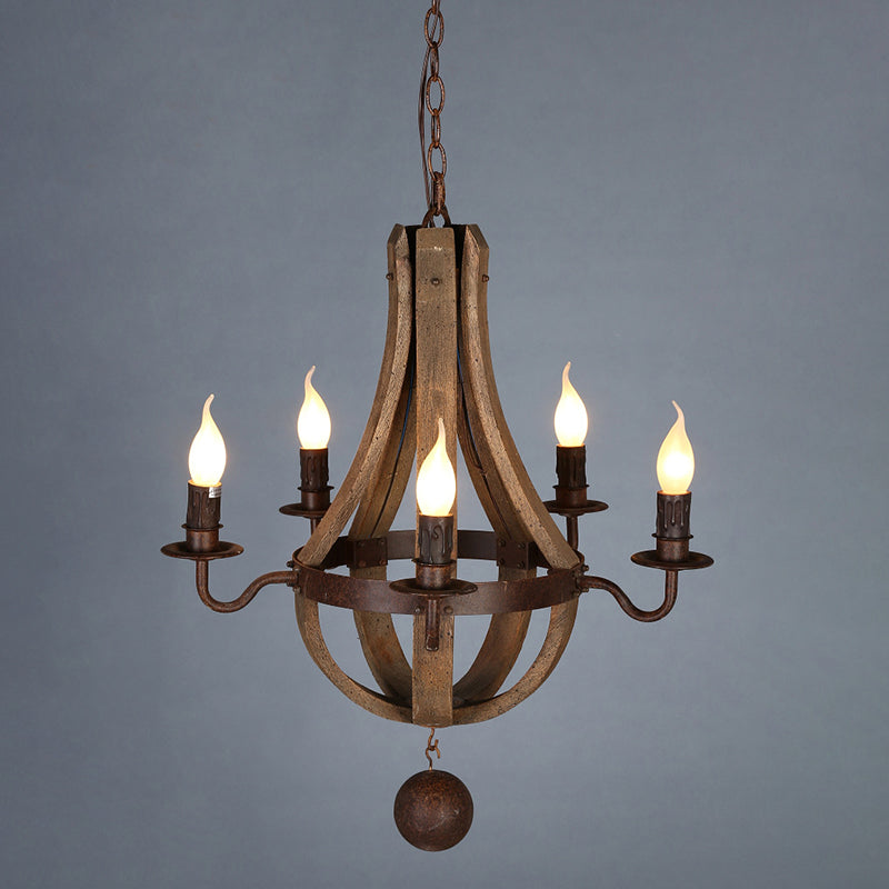 Massivholz Traditioneller Kronleuchter Rost Candlestick Lampenhalter Vintage -Beleuchtung Anhänger mit dekorierter Eisenanhängerkugel
