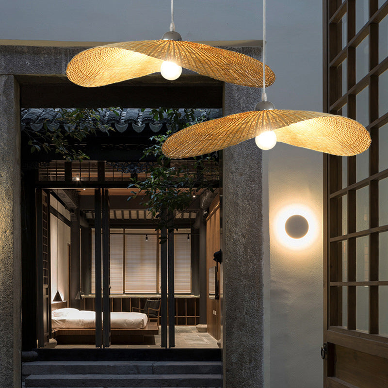 Asia Hat Hanging Light Fixture Bamboo Living Room Suspension Pendant Light in Beige