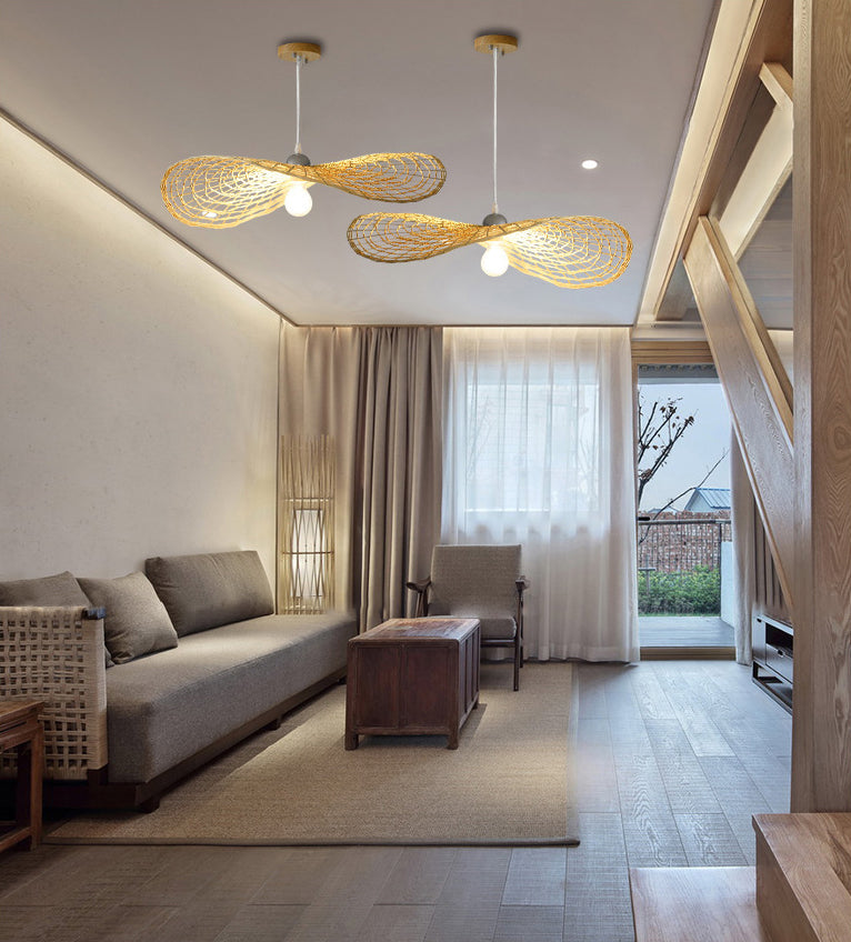 Asia Hat Hanging Light Fixture Bamboo Living Room Suspension Pendant Light in Beige