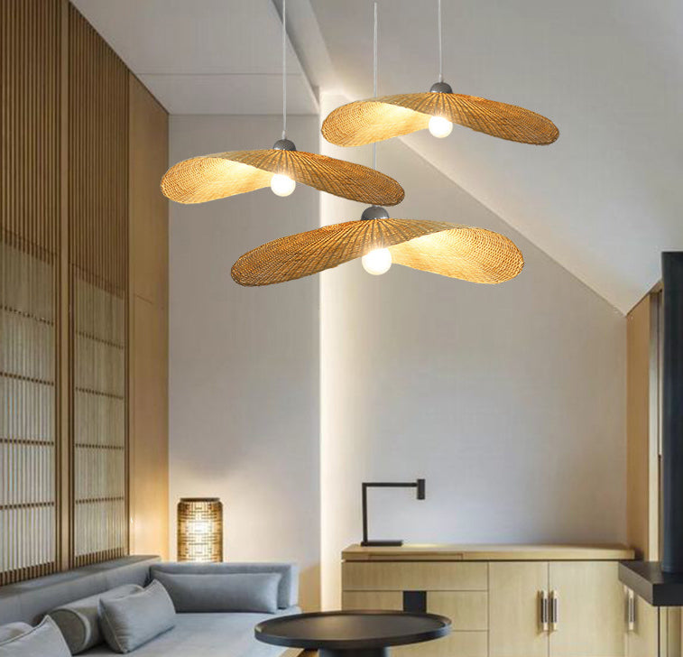 Asia Hat Hanging Light Fixture Bamboo Living Room Suspension Pendant Light in Beige