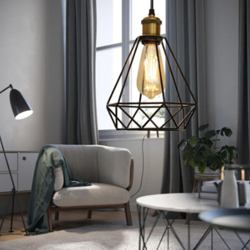 Retro Black Metal Cage Industrial Style Hanging Light 7.8" Wide Single Bulb Coffee Shop Lighting Pendant with 59" Adjustable Wire