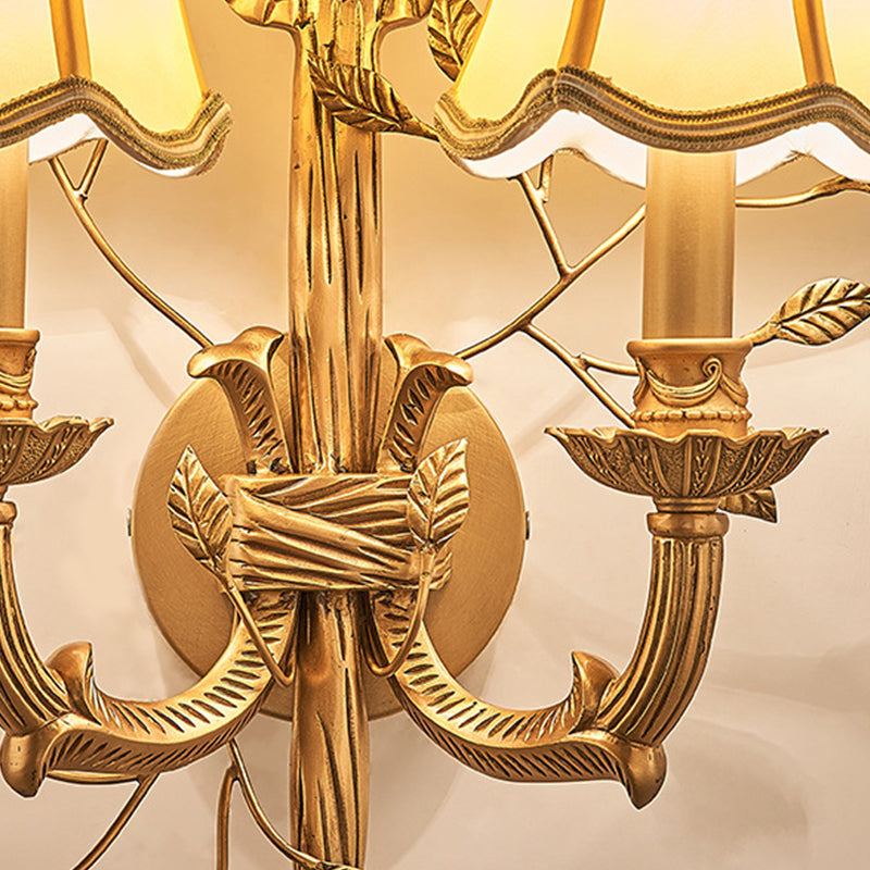 2 lichten Empire Shade Wall SCONCE Vintage koperen stof Wandige verlichting met gebogen metalen arm
