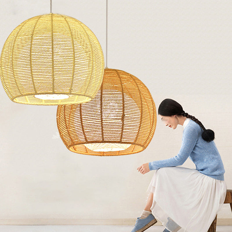 Asian Style Hand-weaving Lighting Fixture Double Rattan Shade Simplicity Globe Hanging Light for Bedroom Balcony