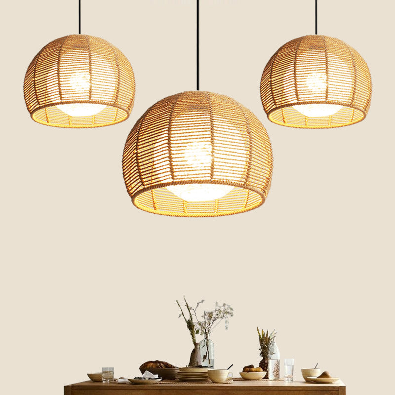 Asian Style Hand-weaving Lighting Fixture Double Rattan Shade Simplicity Globe Hanging Light for Bedroom Balcony