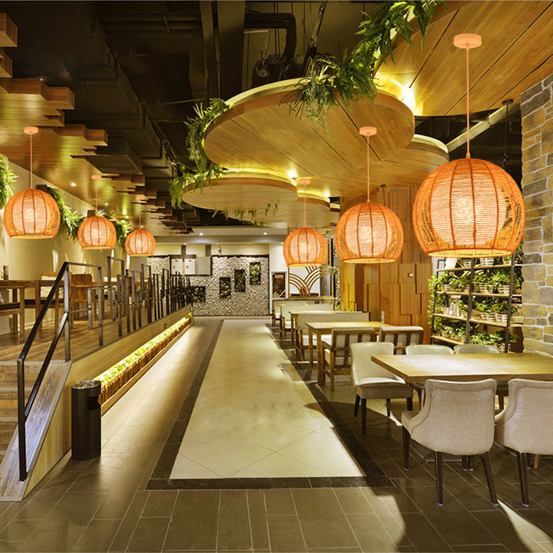 Asian Style Hand-weaving Lighting Fixture Double Rattan Shade Simplicity Globe Hanging Light for Bedroom Balcony