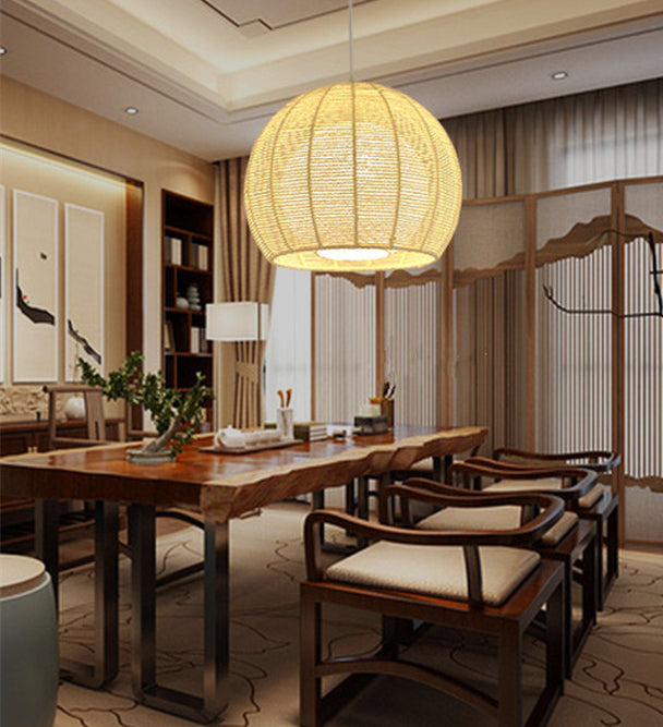 Asian Style Hand-weaving Lighting Fixture Double Rattan Shade Simplicity Globe Hanging Light for Bedroom Balcony